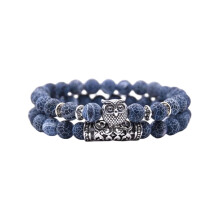 5-Pack Natural Owl Beaded Bracelets, Adjustable Elastic, Alloy Charm & Volcanic Rocks, for Men/Women, Handmade Couple Gift – Compatible with All