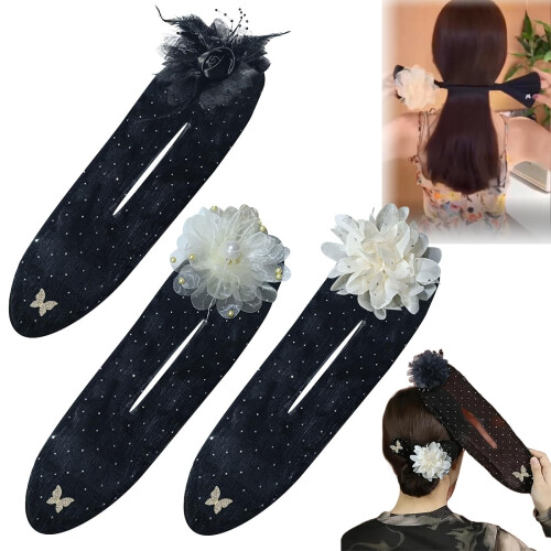Ensemble de pinces à cheveux à fleurs brodées à la main – Chignon transparent