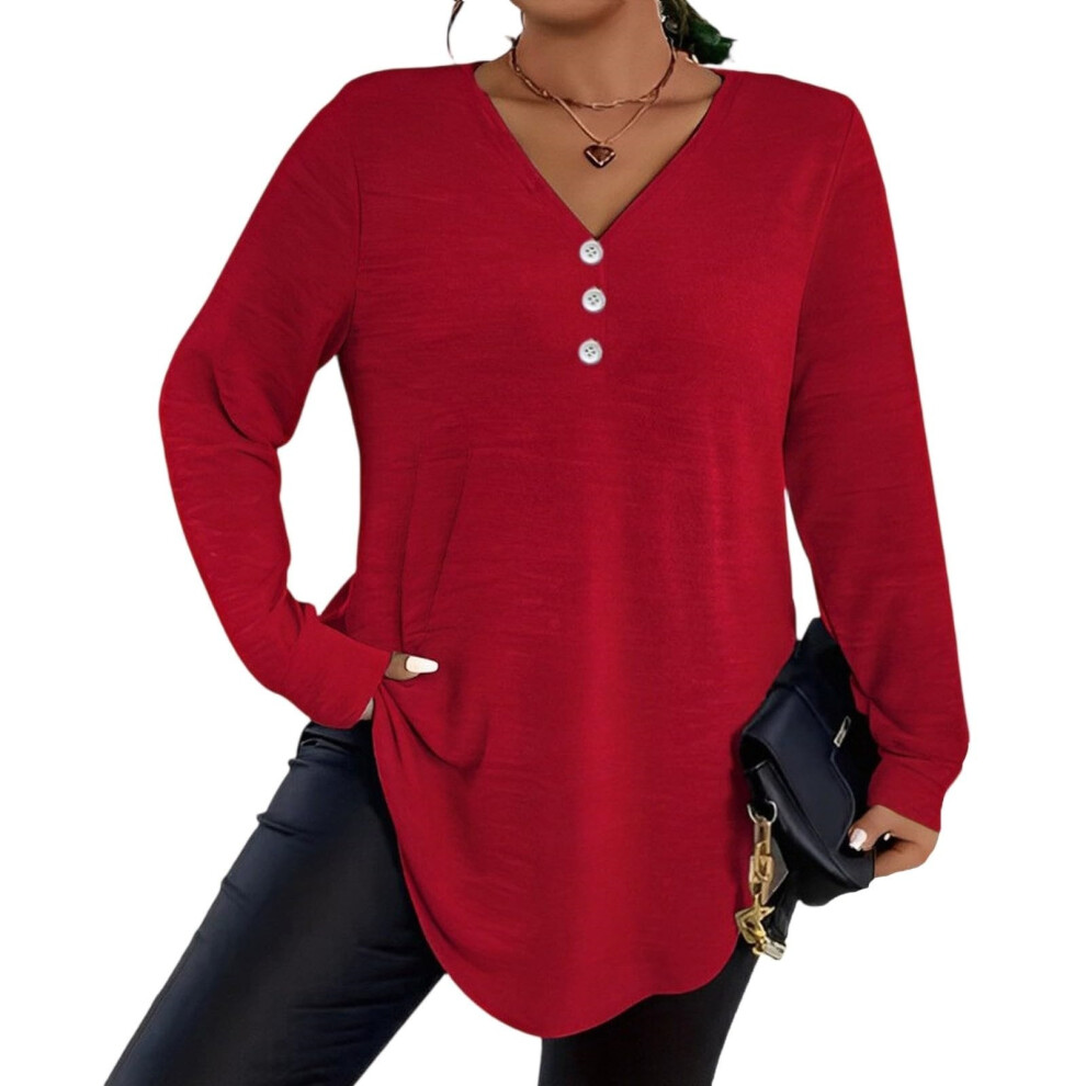 Red Plus Size Tops For Women Dressy Button V Neck Long- Xxl