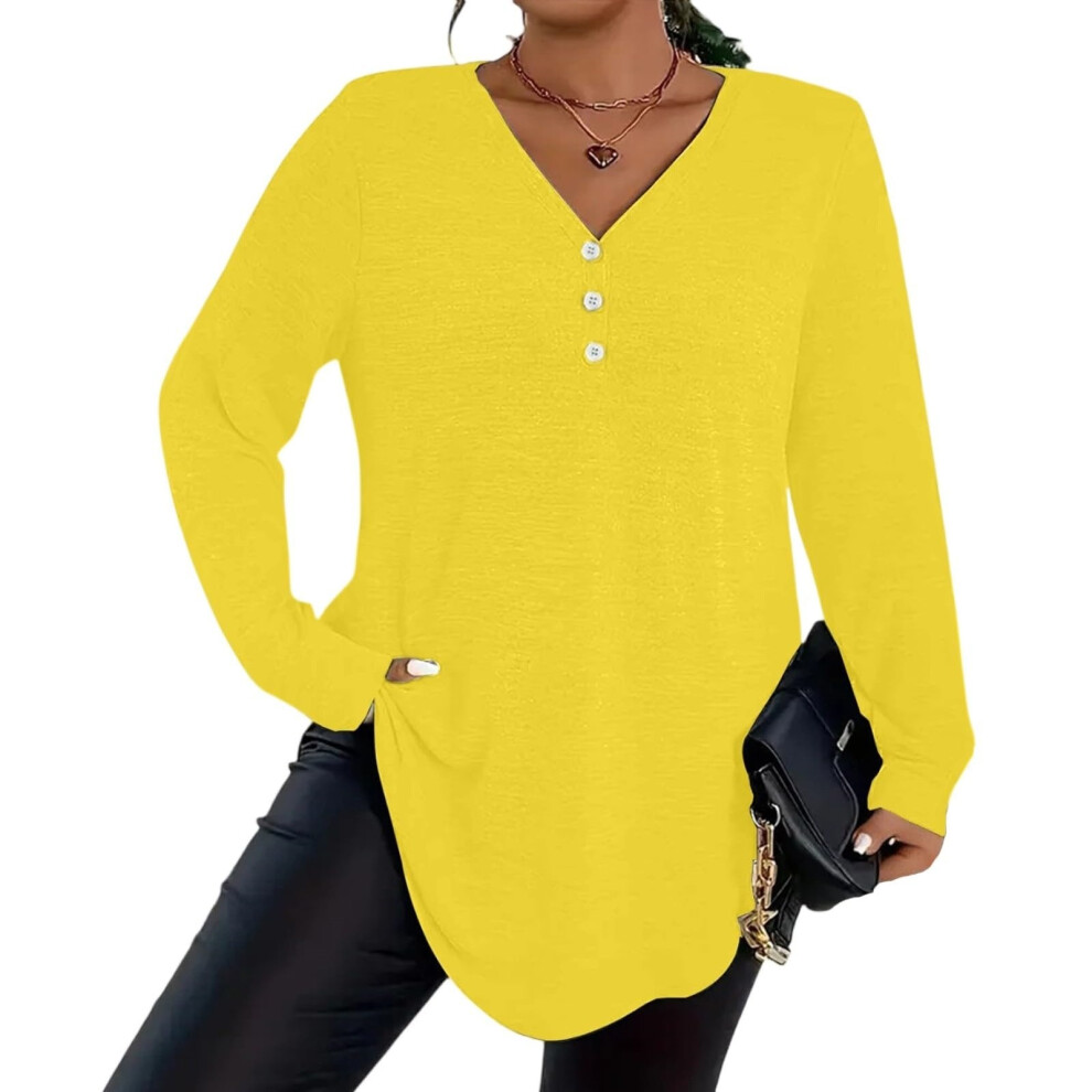 Yellow Plus Size Tops For Women Dressy Button V Neck Long- Xxl