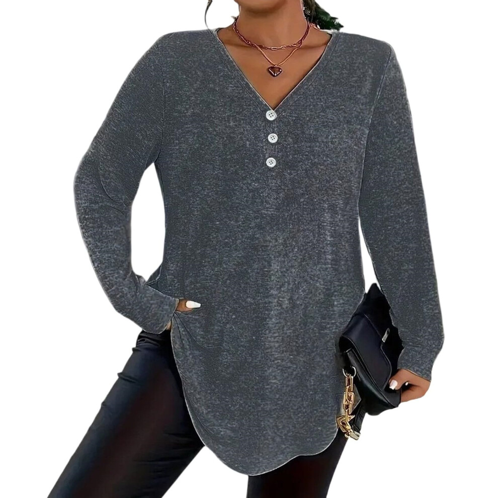 Dark/Grey Plus Size Tops For Women Dressy Button V Neck Long- Xl