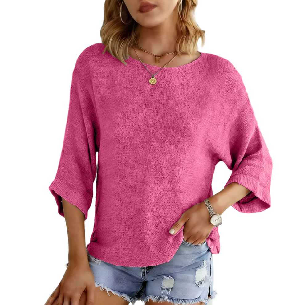 Red Women's Casual Round Neck Three-Quarter Sleeve-Rose M
