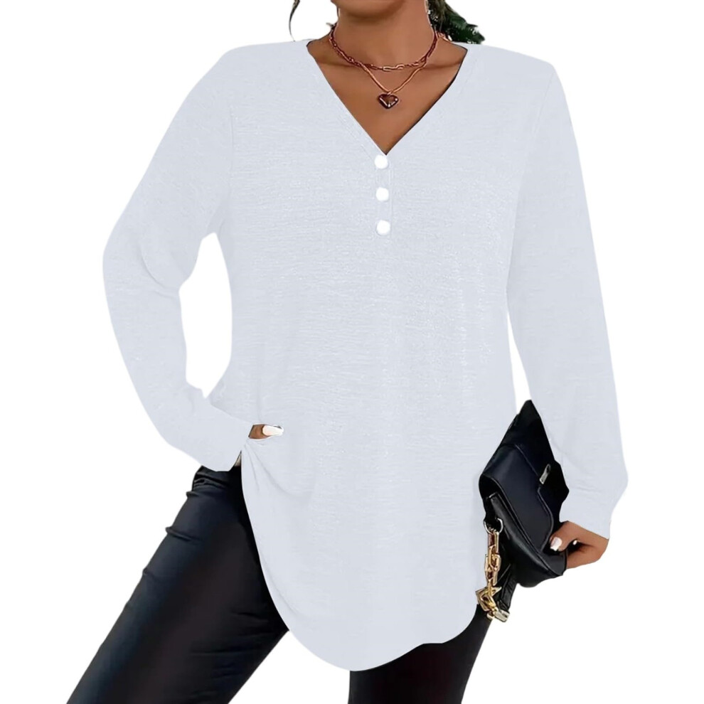 White Plus Size Tops For Women Dressy Button V Neck Long- 6XL