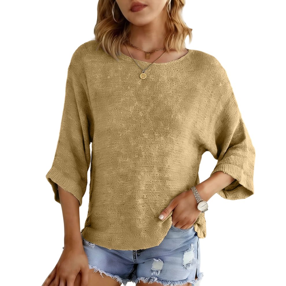 Yellow Women's Casual Round Neck Three-Quarter Sleeve Striped- M