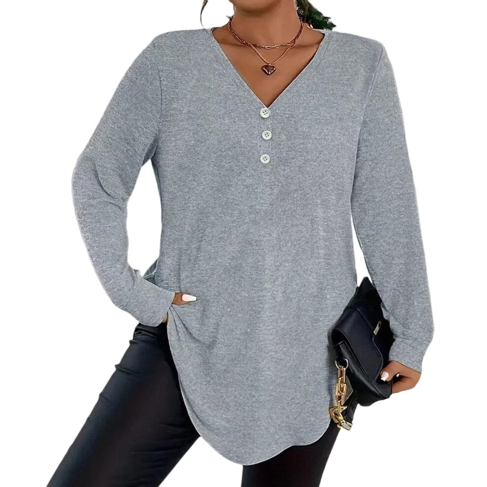 Gray Plus Size Tops For Women Dressy Button V Neck Long Sleeve