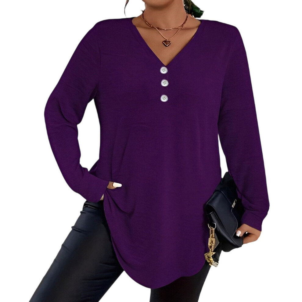 Purple Plus Size Tops For Women Dressy Button V Neck Long- Xxxl