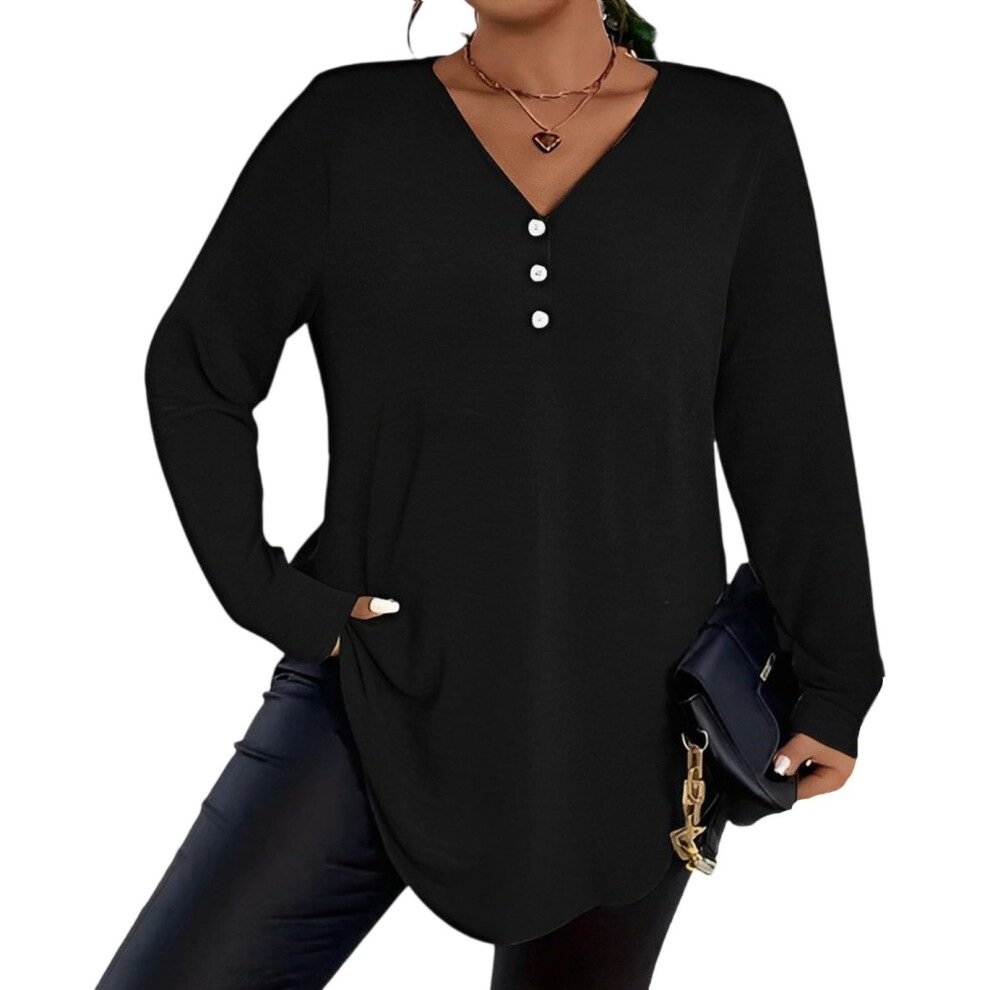 Black Plus Size Tops For Women Dressy Button V Neck Long- Xxl