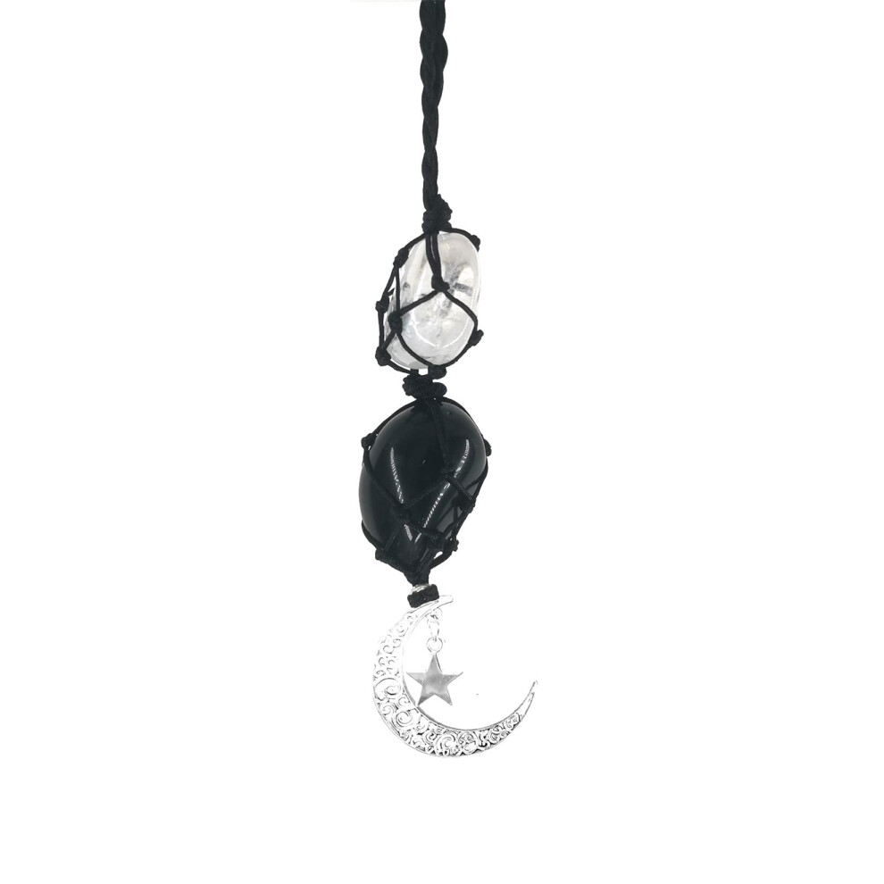 Crystal Obsidian Stone Cute Car Hanging Accessories For Women And Men,Hanging Car Interior Charm Ornaments With Moon And Star White 5051224067473