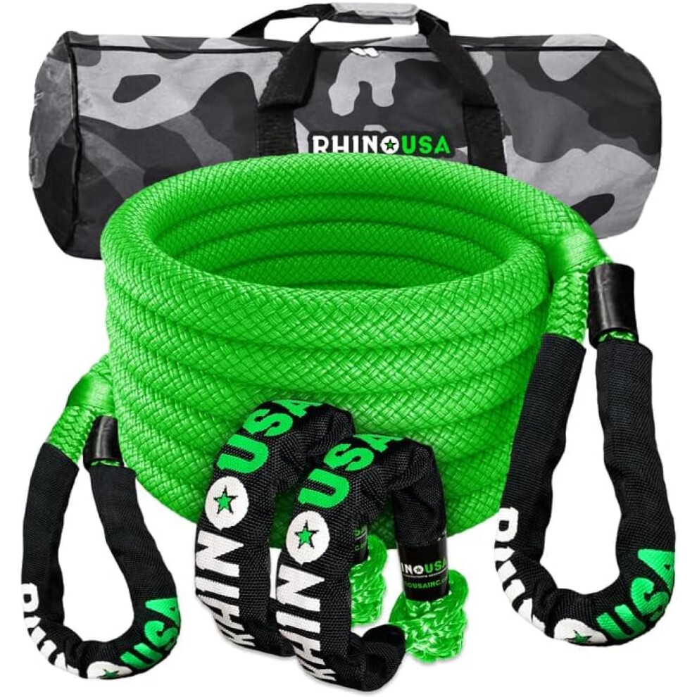Rhino Usa Kinetic Tow Rope 13,000Kg (2.2Cm X 9M) - Heavy Duty Offroad 4X4 Snatch Strap Recovery Kit - Includes 2 Soft Shackles For Utv, Atv, Truck, 5051226134845