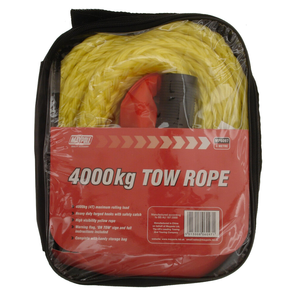 Maypole Heavy Duty 3.5M Tow Rope 4000Kgs With Forged Hooks, 'On Tow' Sign, 4 Tonnes For Car, 4X4, Van Recovery 5051226179204