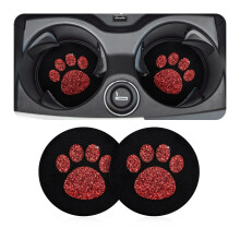 CGEAMDY 2 Pack Car Cup Holder Coasters, 7 CM Bling Glitter Rhinestone Paw Print Cup Coaster, Rubber Non-Slip Insert Auto Drink Mat, Universal Car