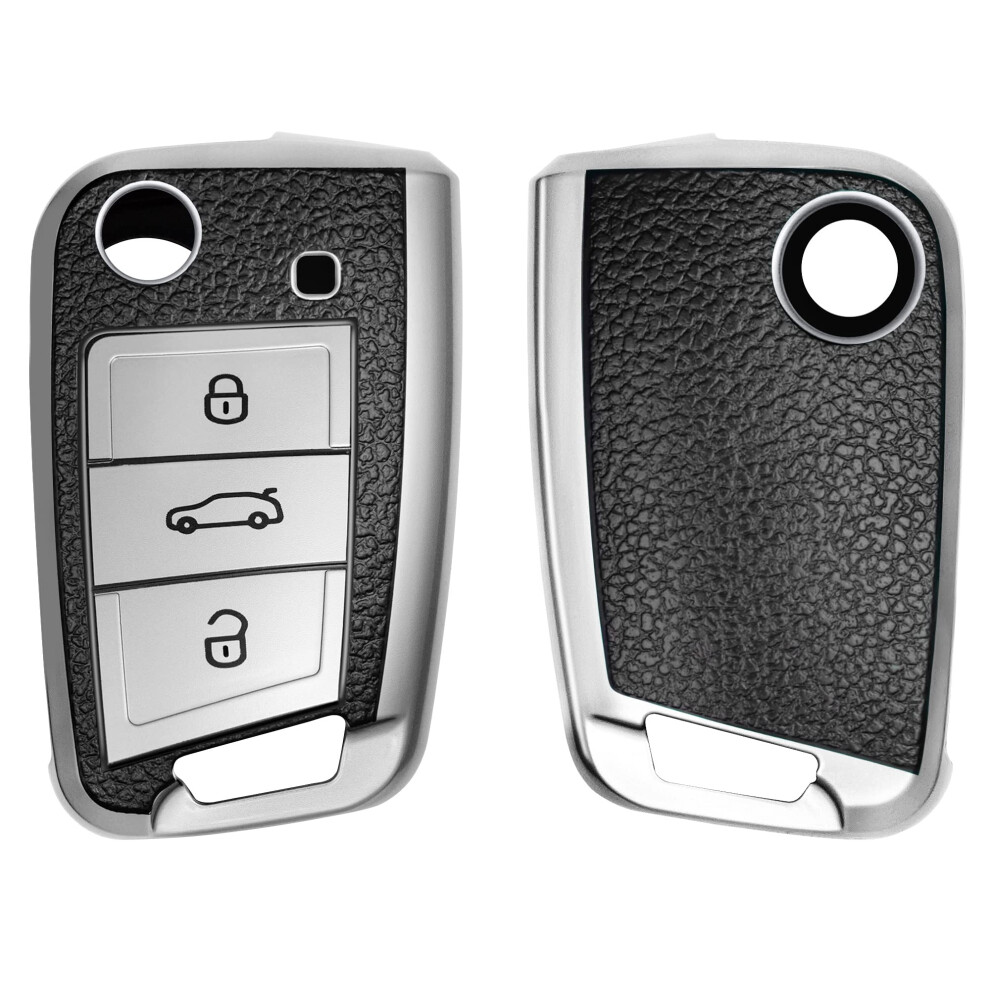 Kwmobile Key Cover Compatible With Vw Golf 7 Mk7 3 Button Car Key - Tpu Leather Look Car Key Fob Protector - Silver/Black 5051224079889
