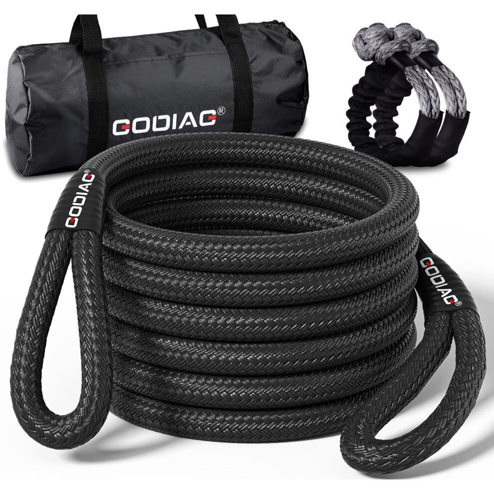 Godiag 1"?30Ft Kinetic Recovery Tow Rope (46500Lbs) Heavy Duty Energy Rope With 2 Soft Shackles, 30% Elasticity Offroad Power Rope For Truck Jeep Car 5051224085088