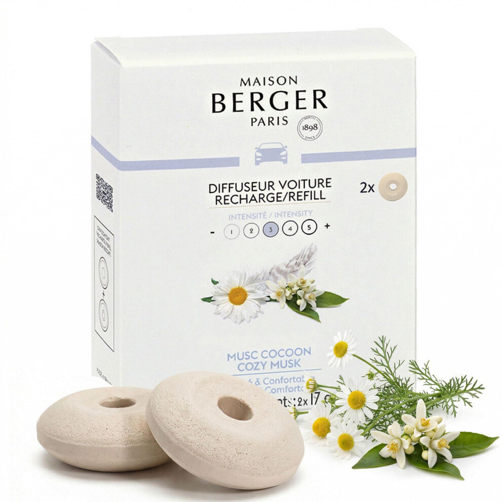 Maison Berger Luxury Car Diffuser Refill Set Cozy Musk ? Pack Of 2 Ceramic Refills, 4-6 Week Passive Diffusion, Made In France 5051226210914