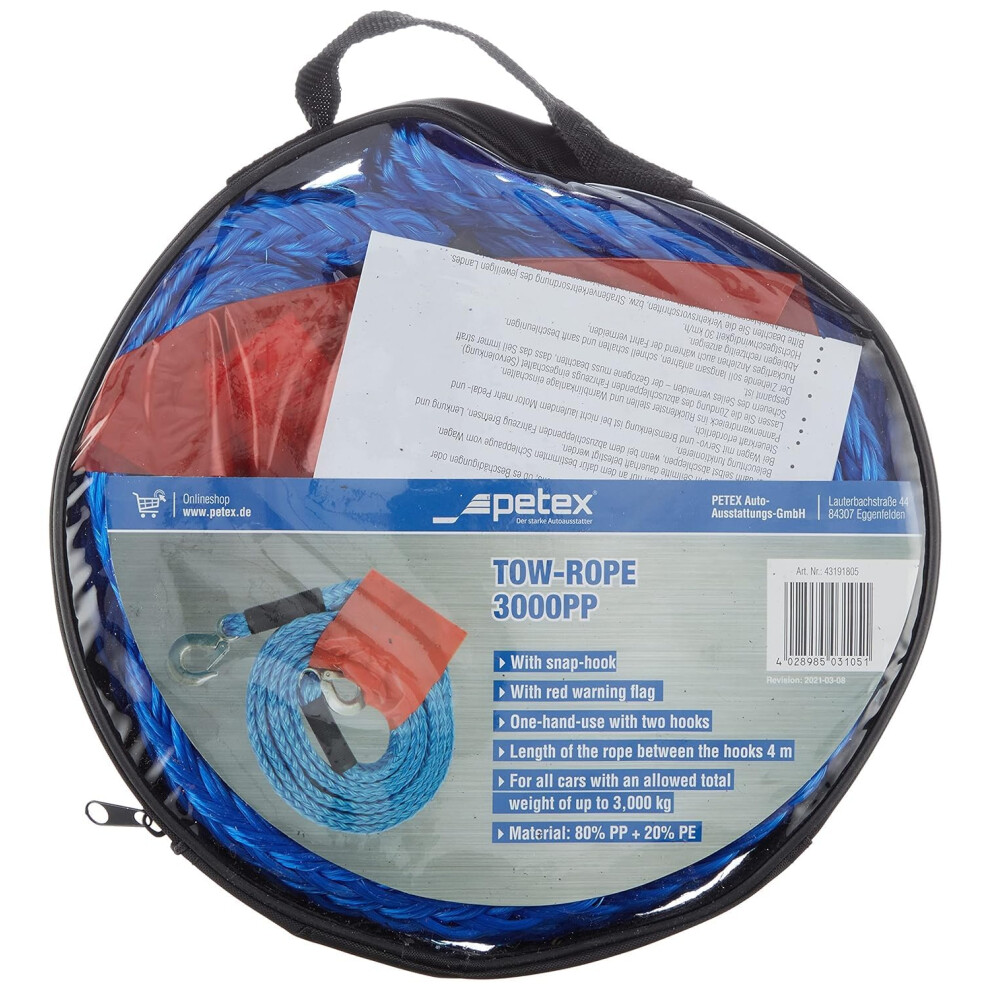 Petex 43191805 Tow Rope, 3000 Design With 2 Snap Hooks, Pull: 3000 Kg Blue 5051226178764