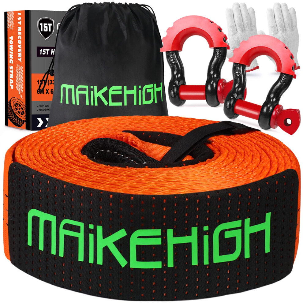 Maikehigh Tow Rope 15 Ton (33,700 Lbs), 6M X 7.6Cm Off-Road Recovery Towing Strap With 2 Upgraded Reinforced Shackles, 2 Gloves For Car, Truck, Suv 5051224088188