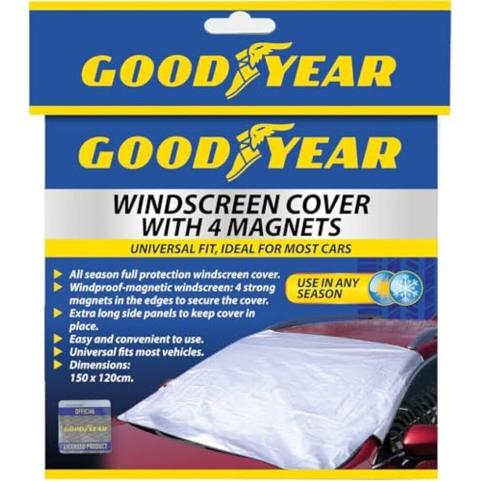 Goodyear Magnetic Car Windscreen Cover | Protect From Snow Frost Freezing Windshield | 4 High Powered Magnets | Double Protection Side Flaps, Silver 5051224085408