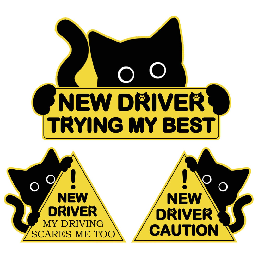 3Pcs Cat New Car Driving Magnets, Funny New Driver Magnet For Car Please Be Patient, Safety Warning Signs For Student Driver Moderate Size & Black 5051226173301