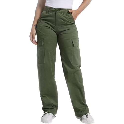Calça Cargo Feminina de Algodão, Corte Relaxado, Verde, 6 Bolsos