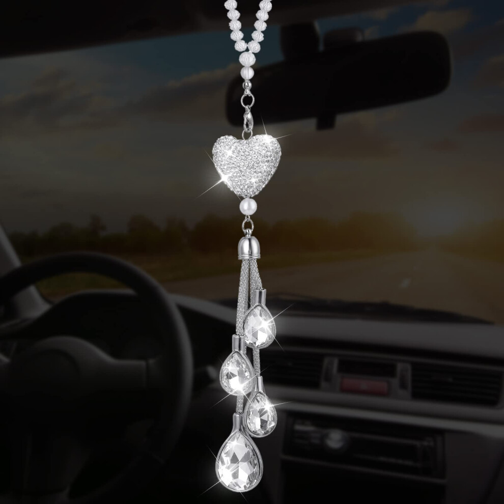 Cobee Heart Diamond Car Hanging Bling Pendant, Crystal Car Rear View Mirror Charms, Lucky Decor Ornament, Women's Gift For Mother?S Day, Thanksgiving, White 5051226176258