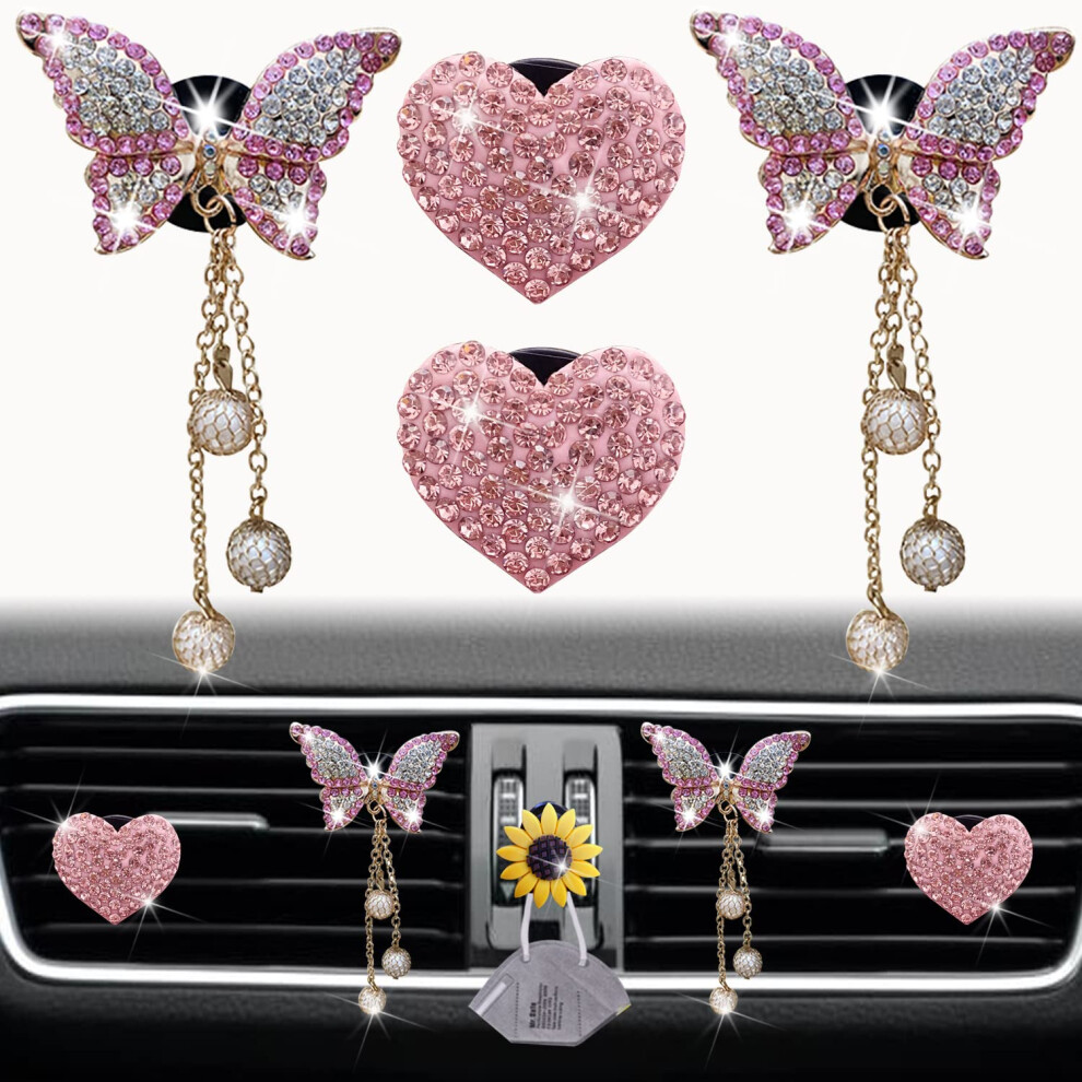Heart & Butterfly Pandent Air Vent Clips, 4 Pcs Bling Heart Air Fresheners Vents Clips Diamond Car Interior Decor Bling Cute Car Accessories + Pink 5051224092895