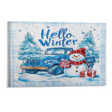 Merry Christmas Tree and Snowman Light Blue Canvas Prints Wall Art,Winter Scene Decor Wooden Framed for Living Room Bedroom Office 128 inch