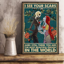 Jack Skellington & Sally "I See Your Scars" Retro Metal Tin Sign – 12x16", Nightmare Before Christmas Novelty Bar/Pub/Cafe Sign