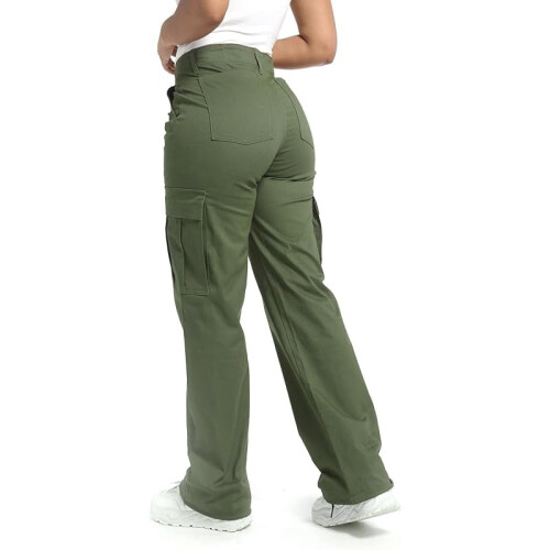 Calça Cargo Feminina de Algodão, Corte Relaxado, Verde, 6 Bolsos 1
