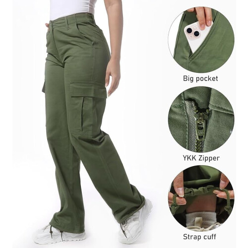 Calça Cargo Feminina de Algodão, Corte Relaxado, Verde, 6 Bolsos 2