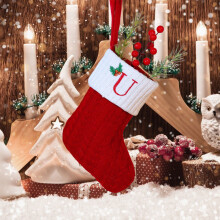 Christmas Stockings with Initials, 7.9" Embroidered Knit Red/White Stockings for Tree & Fireplace Decor