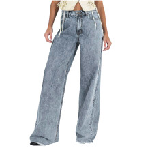 Pantalones de mujer de talla grande, estilo clásico retro informal de pierna ancha, vaqueros azul claro.