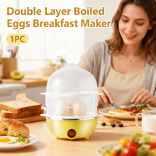 Double Layer Egg Cooker, Boils 14 Eggs Fast, Stainless Steel, Auto Shut-Off — Compatible with Standard Outlets