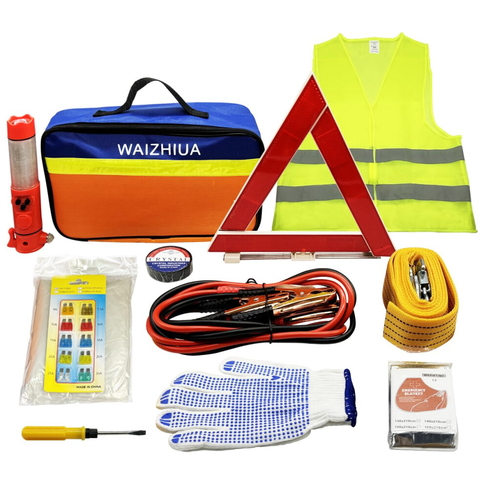 Car Breakdown Emergency Kit - 12Pcs Uk Europe Auto Roadside Assistance Set, Includes Warning Triangle, Jump Leads, Tow Rope, Safety Hammer, Reflective 5051224100446