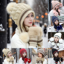 Msgweeeg Winter Beanie Men Winter Hat Women's Winter Printing Warmth Plush Protection Thick Hats Gloves Set for Hiking
