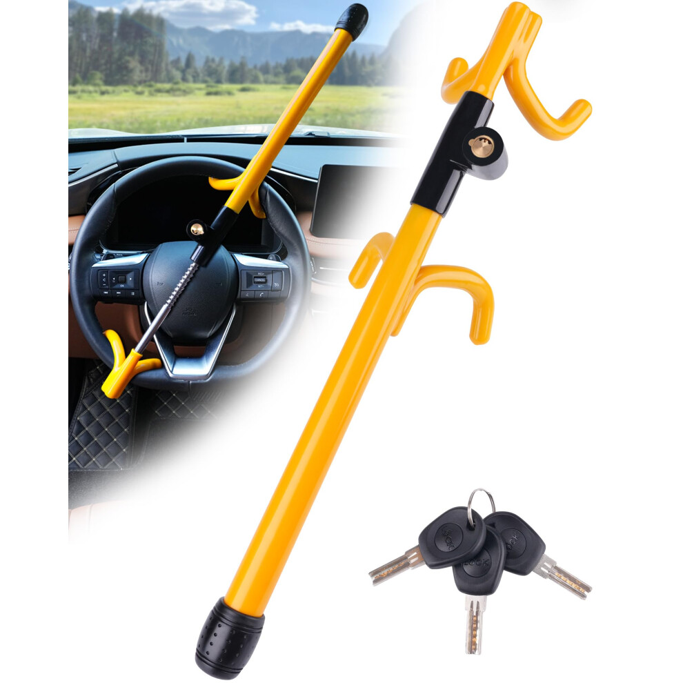 Tevlaphee Steering Wheel Lock, Steering Lock, Heavy Duty Anti-Theft Device, High Visibility, Universal Fit For Cars, Vans, Suv, 3 Keys (Yellow) Yellow 5051224096978