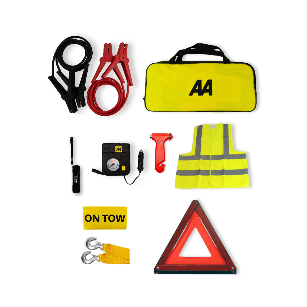 Aa Vehicle Breakdown Safety Kit Plus Aa5618 ? Tyre Inflator, Warning Triangle, Tow Rope, Hi-Vis Vest, Torch, Glass Hammer, Booster Cables, Storage Bag 5051224106318