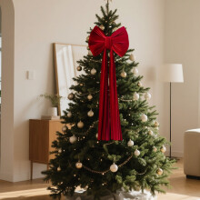 Large 16"x43" Velvet Christmas Tree Bow Topper with Long Streamers, Festive Red Holiday Decoration