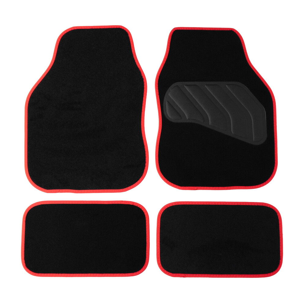 Sakura Floor Mats For Cars Ss5466 - 'Pastel' Carpet With Trim - Full Set Of 4 Universal Fit - Hard-Wearing Pile, Anti-Slip Backing, Heelpad, Black/Red 5051224105571