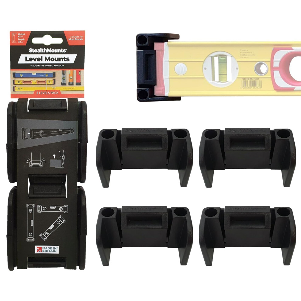 Stealthmounts Universal Level Holder ? 2 Pack Wall Mounts For Spirit Levels | Fits Most Brands | Locking Level Brackets For Workshop, Garage & Black 5051226164965