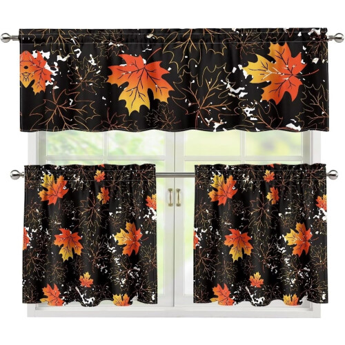 Maple Leaves Red Small Kitchen Curtains Rod Pocket 3-Piece