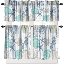 Beach Kitchen Curtains and Valances Set Blue Teal Coral