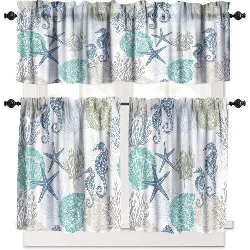 Beach Kitchen Curtains and Valances Set Blue Teal Coral