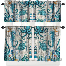 Sea Turtle & Octopus Kitchen Curtain Tiers & Valance Set – Ocean Animal Cafe Curtains for Kitchen, Living Room, Bathroom (54x18", 27x24" x2,