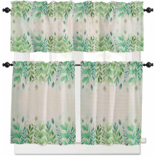 Light Green Botanical Kitchen Curtains Set with Valances, Rustic Eucalyptus Burlap Tier Curtains, 36" Rod Pocket, for Cafe/Bedroom