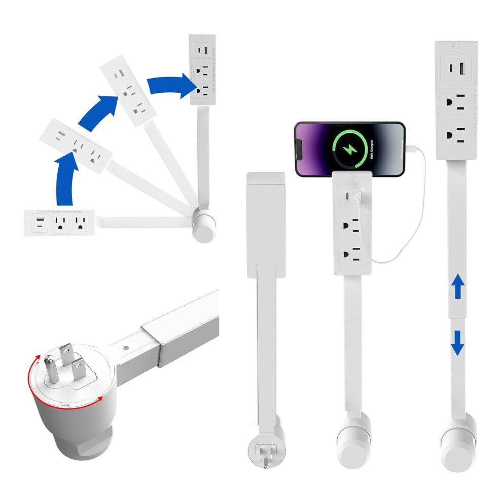 Extendable Wall Outlet Extender With Usb-A/C & 2 Ac Outlets, 22-34" Adjustable, 180 Swivel Â Compatible With Standard Outlets 9489952741697