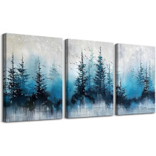 Abstract Boho Canvas Wall Art Set (3 pcs) – Forest Landscape, Blue Tree Paintings for Living Room, Bedroom & Office – Ready to Hang