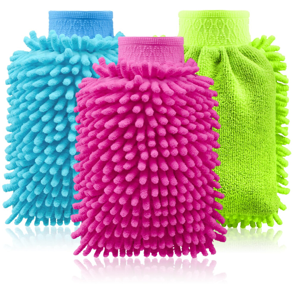 Com-Four? 3X Car Wash Mitt Household Microfiber Glove Chenille Glove Car Care Cleaning Glove (3 Pcs Car Wash Kit) 5051224109463