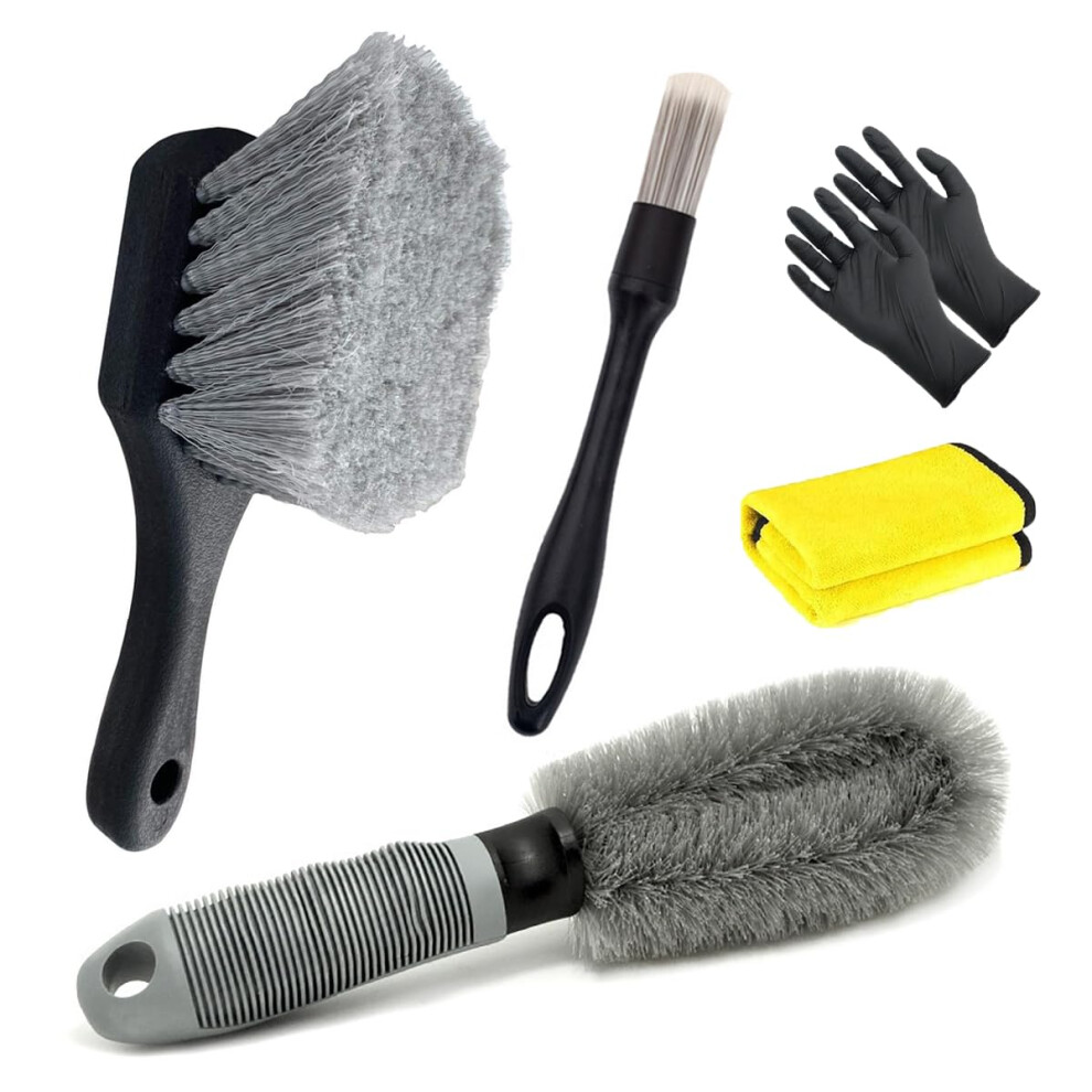 5Pcs Car Wheel Cleaning Kit, Motorcycle Or Bicycle Tire Washing Tool Kit: Tyre Brush, Rim Brush, Detailing Brushes, Washing/Drying Towel, Protective 5051224109142