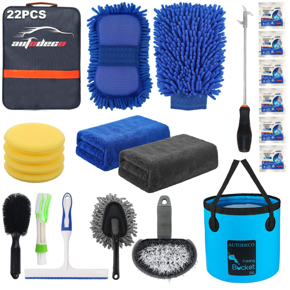 Autodeco 22Pcs Car Wash Cleaning Tools Kit Set Chenille Microfiber Wash Mitt Sponge Towels Applicator Pads Wheel Brush Window Scraper Duster Tire 5051226246418