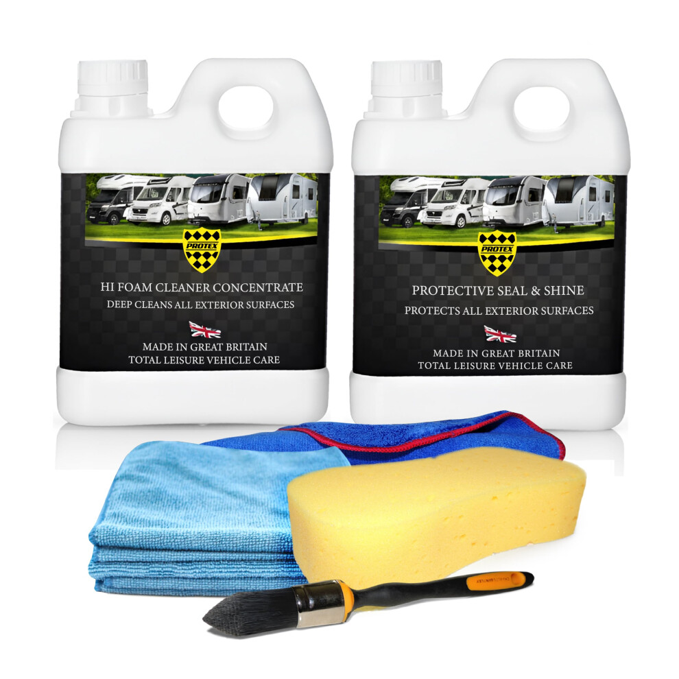 Protex Caravan & Motorhome Complete Cleaning Kit. Hi Foam Cleaner Concentrate 1 Ltr. & Protective Seal & Shine 1 Ltr. Also Included - Detail Brush, 5051224120611